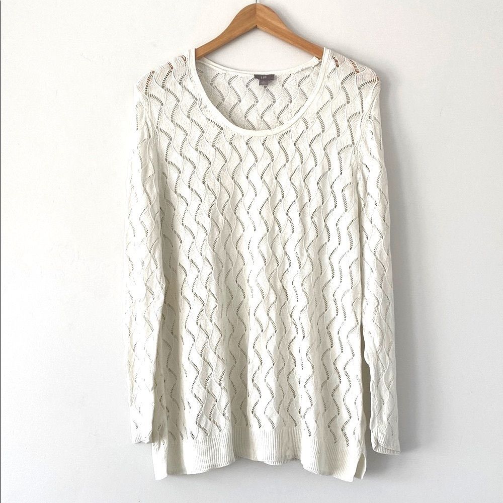 J. Jill White Crocheted Crew Neck Cotton & Linen blend Sweater sz XL Vacation